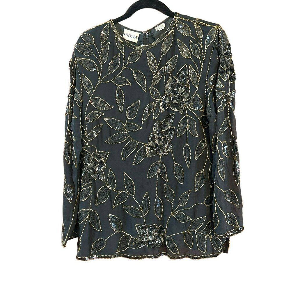 Vintage Swee Lo 100% Silk Black Sequin Beaded Floral Long Sleeve Top Large EUC